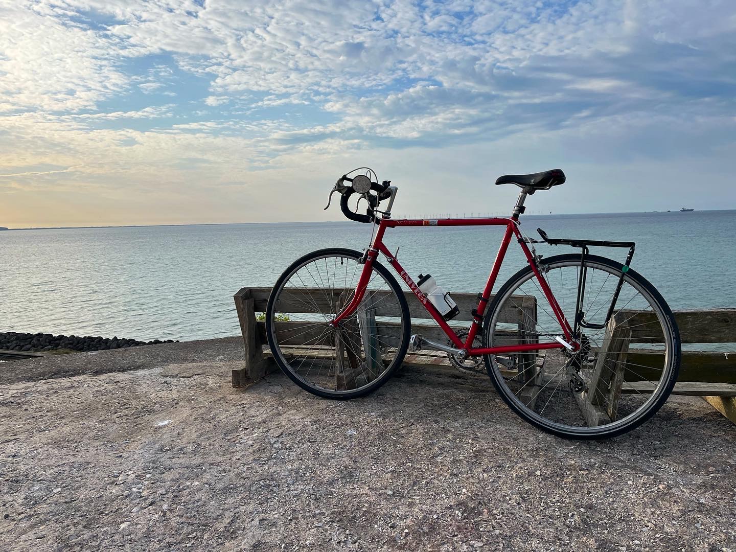red univega road bike overlooking oresund at dragor