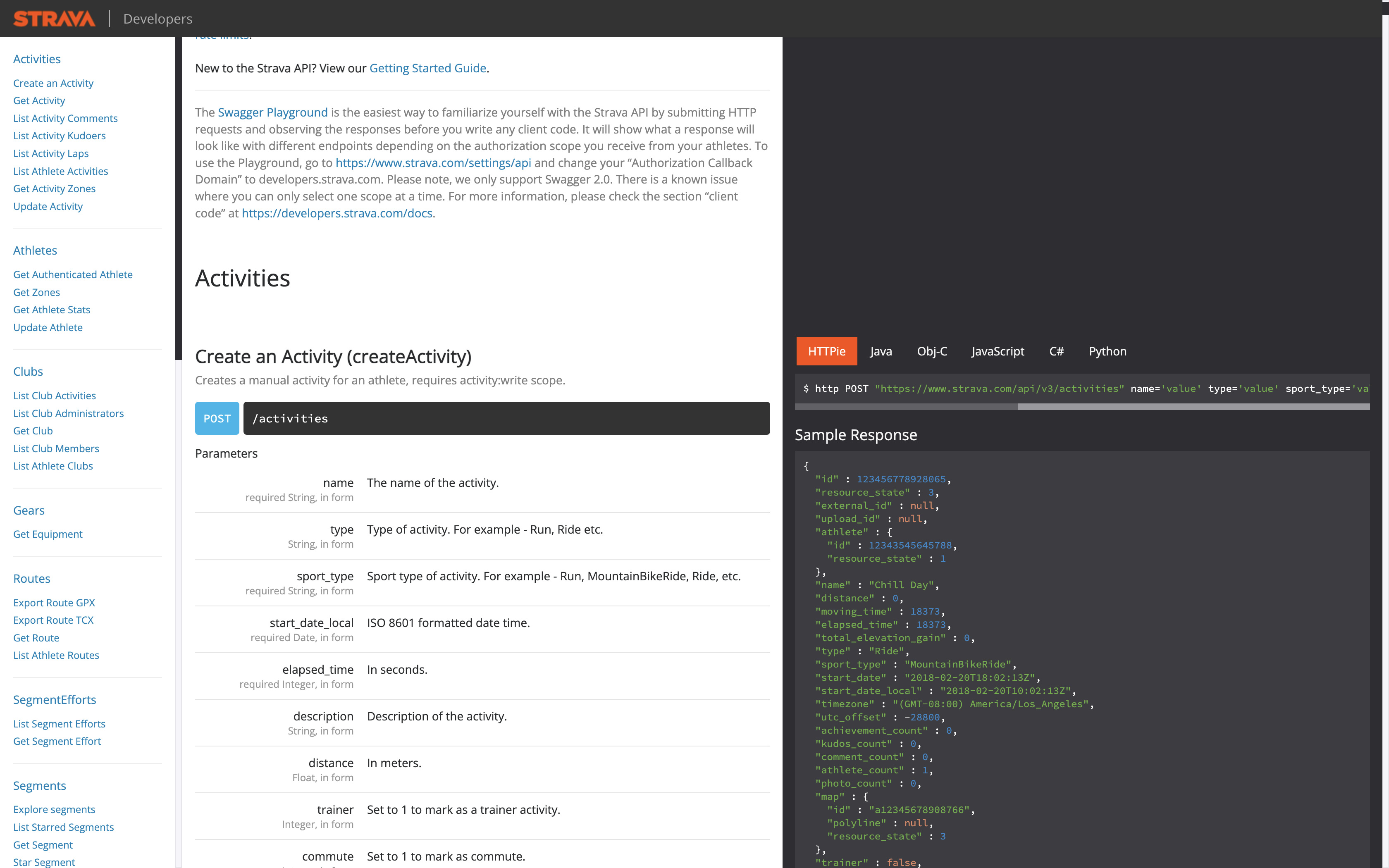 strava api developer page
